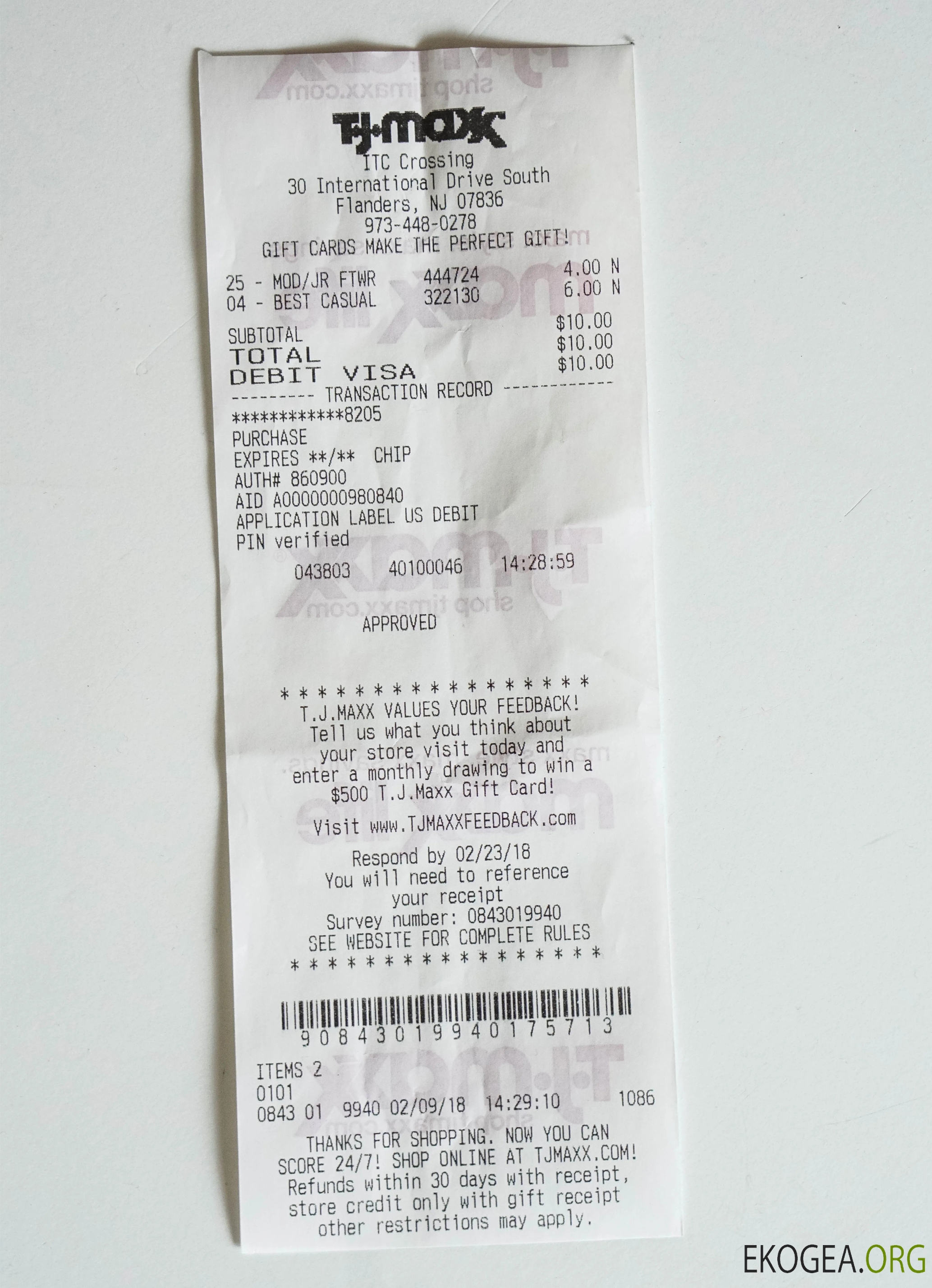 Reçu du magasin TJ maxx template